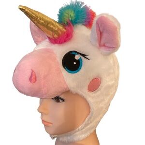 Unicorn Hat Fluffy Rainbow Mane Gold Horn Big Eyes Halloween Costume Faux Fur